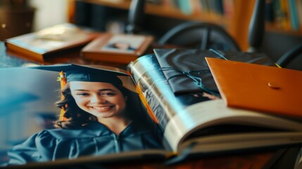 Graduation Photo Album with Cap and Keepsakes on Table