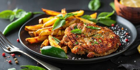 Breaded veal cutlet accompanied by crunchy fries and fresh green peppers, presented as a mouthwatering dinner dish.