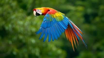 Obraz premium A colorful macaw flying over a dense rainforest