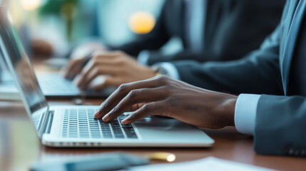 Close-up of hands typing on a laptop during a business meeting