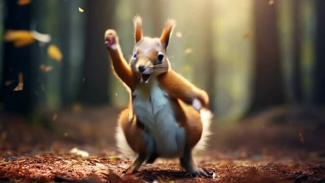 A squirrel dancing in the forest	
