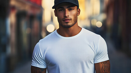 Fototapeta premium Male Latin model in a classic white cotton T-shirt and and cap on a city street