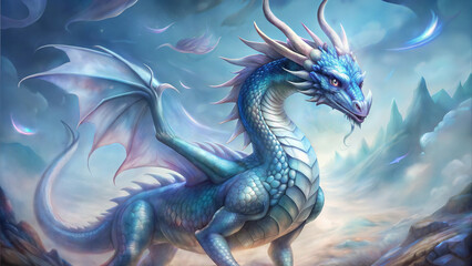 Obraz premium Majestic Blue Dragon in Mystical Mountain Landscape, Fantasy Creature