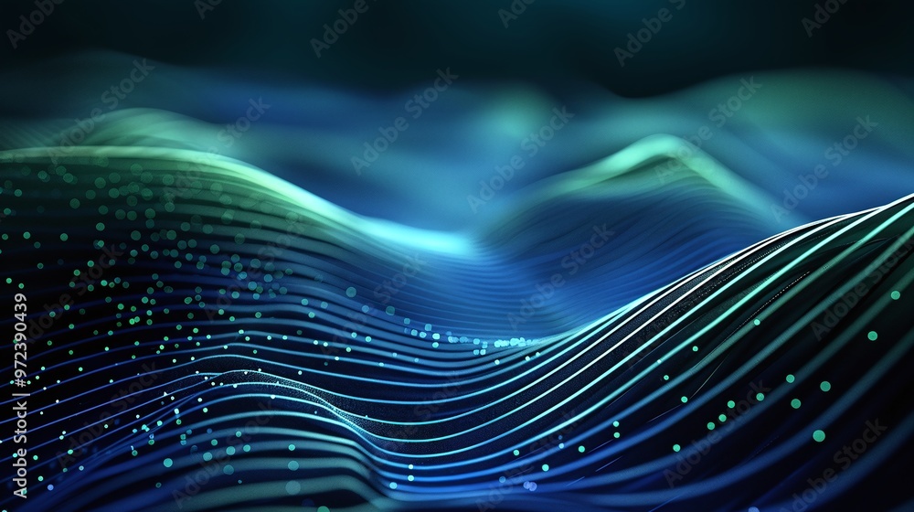 Poster abstract waves in blue tones with glowing particles, creating a serene digital landscape. perfect fo