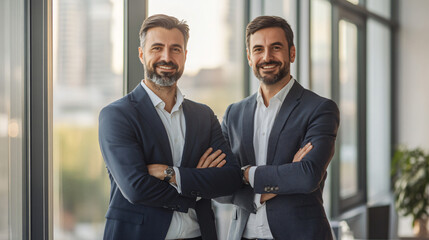 Two business partners exuding confidence in a contemporary urban office, demonstrating unity and collaboration