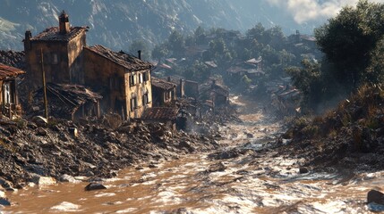 A landslide sweeping through a hillside village with mud, rocks, and destroyed homes.