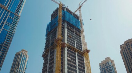 Fototapeta premium High-Rise Building Undergoing Final Construction and Finishing Touches