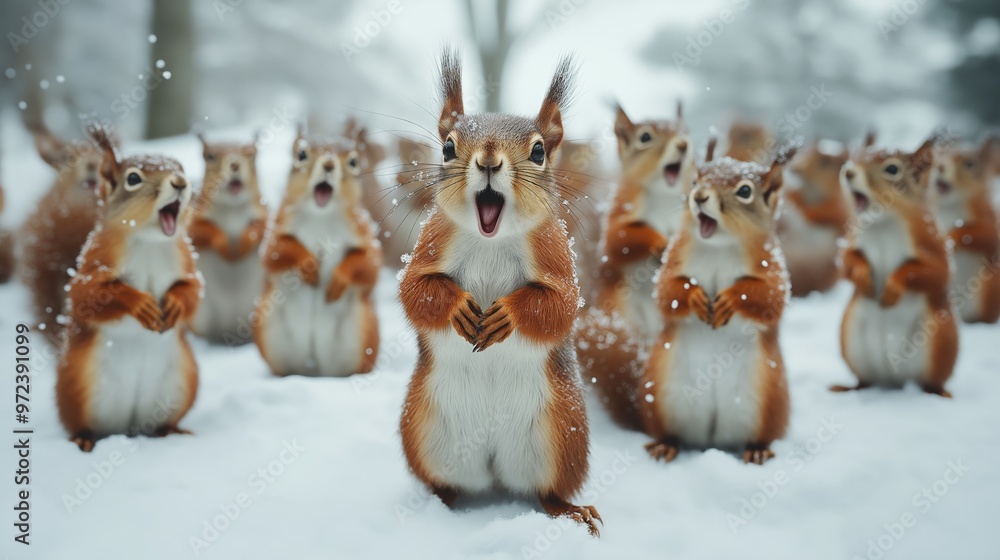 Poster A group of squirrels are standing in the snow, one of them is making a loud noise