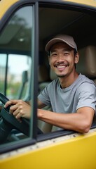 Smiling Man Sitting in a Yellow Vehicle with Open Window.