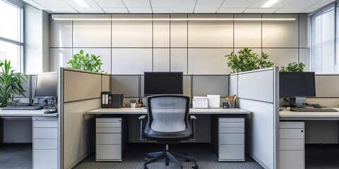 Modern Office Workstation with Black Computer Monitors and Grey Cubicles