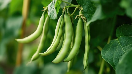 Close-up of a cluster of green beans hanging from their vine, vibrant and healthy, against a backdrop of lush leaves, no logos