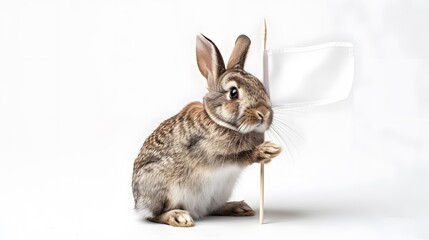 Obraz premium Rabbit with White Flag: A cute rabbit sitting upright, holding a white flag between its paws. 