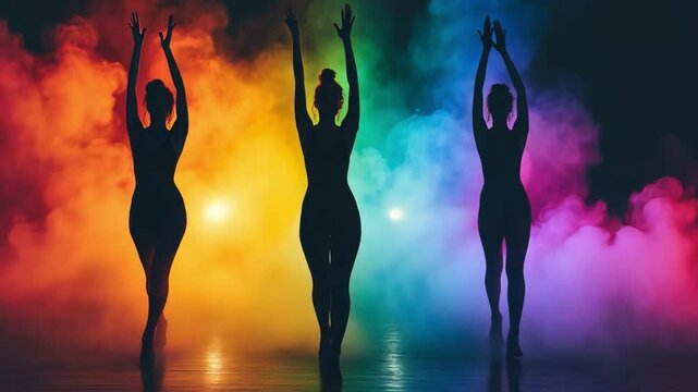 Three dancers perform in a multicolored fog with bright lights casting them in stunning shapes.