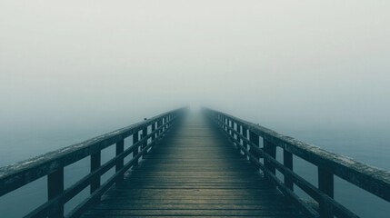 Fototapeta premium A foggy pier stretching into the distance, with muted colors and a serene, contemplative atmosphere