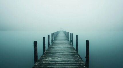 Fototapeta premium A foggy pier stretching into the distance, with muted colors and a serene, contemplative atmosphere