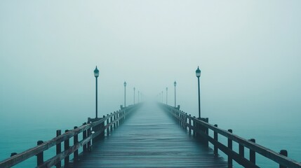 Fototapeta premium A foggy pier stretching into the distance, with muted colors and a serene, contemplative atmosphere