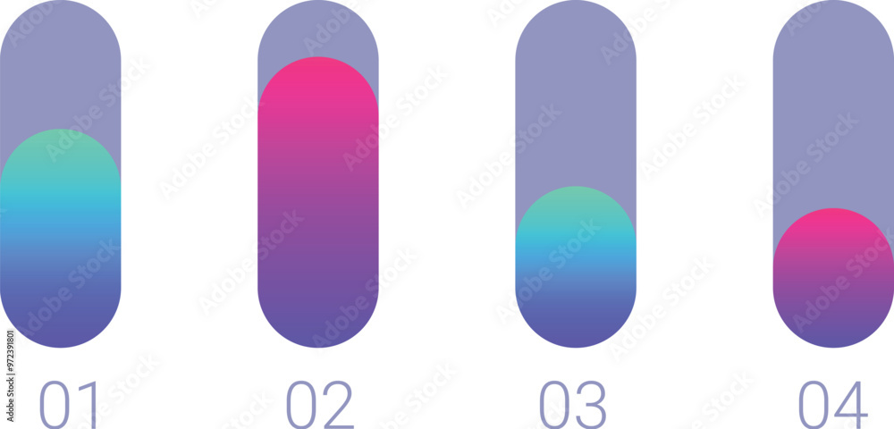 Poster set of four vertical loading bars with a modern gradient design, showing the progress of a process