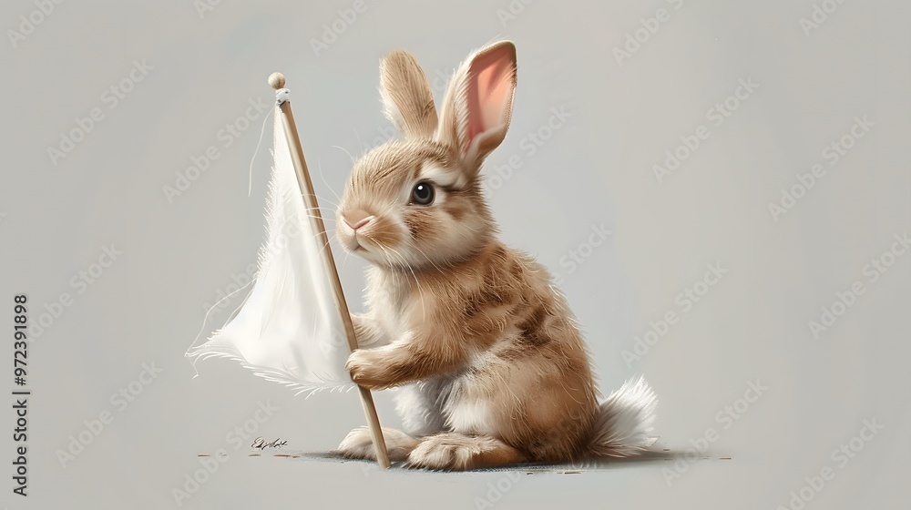 Wall mural Rabbit with White Flag: A cute rabbit sitting upright, holding a white flag between its paws. 
