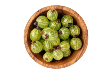 Gooseberry heap in wooden bowl from flat lay view isolated on background, fresh and healthy berry fruit.