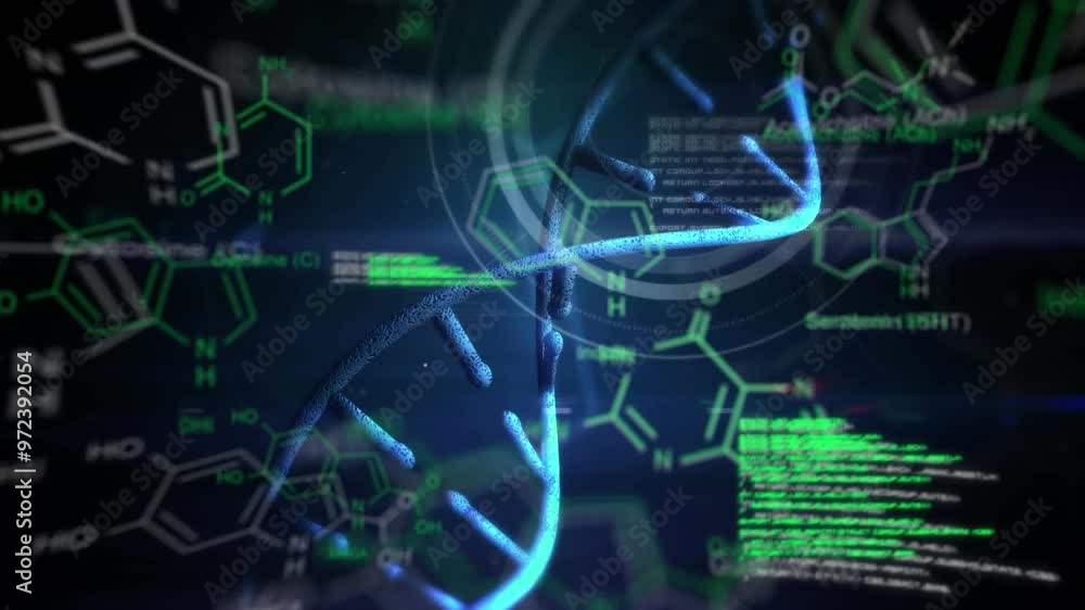 Poster animation of computer language and dna helix with molecular structure