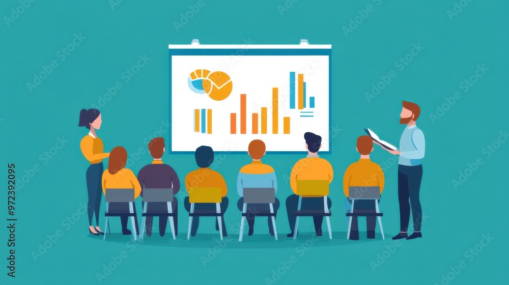 Poster flat design representation of a business training event with a coach leading a session