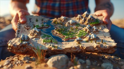 Surrealistic painting of a map holder surrounded by floating islands of life s milestones