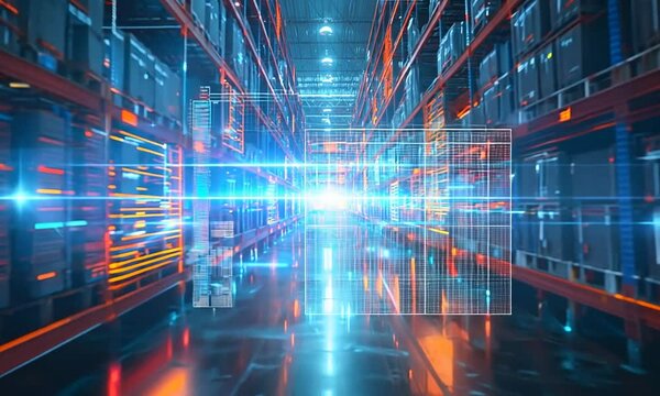 Modern warehouse with advanced warehouse management system characterized by digital overlays and data connections. Visual representation of data connections integrated system wit real-time information