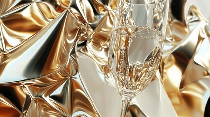 Luxurious glass with sparkling drink against a shiny gold backdrop, ideal for celebrations and elegant events.