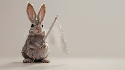 Fototapeta premium Rabbit with White Flag: A cute rabbit sitting upright, holding a white flag between its paws. 
