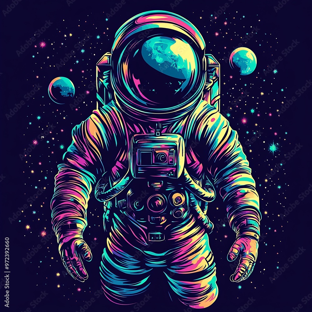 Poster a colorful astronaut with a galaxy-like visor floating in space