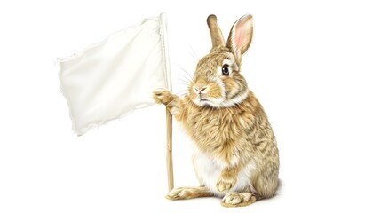 Fototapeta premium Rabbit with White Flag: A cute rabbit sitting upright, holding a white flag between its paws. 