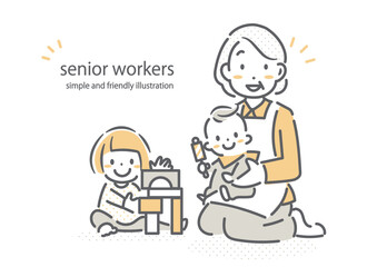 楽しくベビーシッターをするシニア女性　シンプルでお洒落な線画イラスト