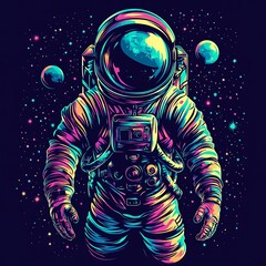 A colorful astronaut with a galaxy-like visor floating in space