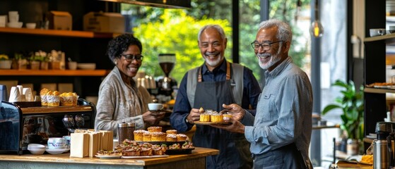 Obraz premium Lively Cafe Scene with Older Adults Serving Coffee and Pastries.