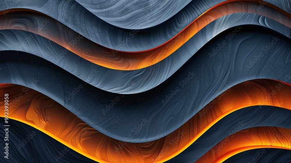 Poster Abstract waves with dynamic patterns in dark tones and vibrant orange highlights, creating a modern and artistic visual effect. Product presentation background.