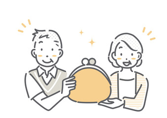 お金のことを考えるシニア夫婦　シンプルでお洒落な線画イラスト
