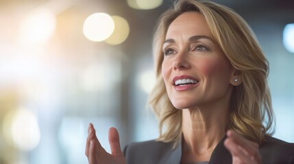 Fototapeta premium Professional Middle-Aged Woman Giving Engaging Presentation in Bright Conference Room Lighting