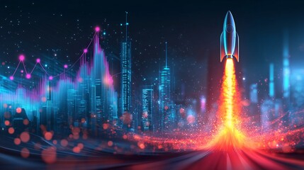 A rocket launching upwards alongside a rapidly ascending growth chart, symbolizing a business start-up's success, the rocket leaving a trail of innovation sparks in the sky, viewed from a