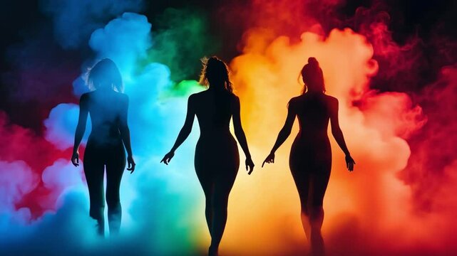 Three dancers perform in a multicolored fog with bright lights casting them in stunning shapes.