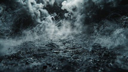 Large clouds of gray smoke into a room on a dark background. Smoke and fog on a black background.