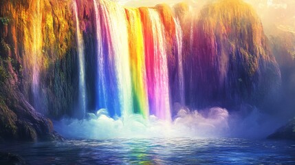 Rainbow waterfall cascading into pristine water, a breathtaking landscape