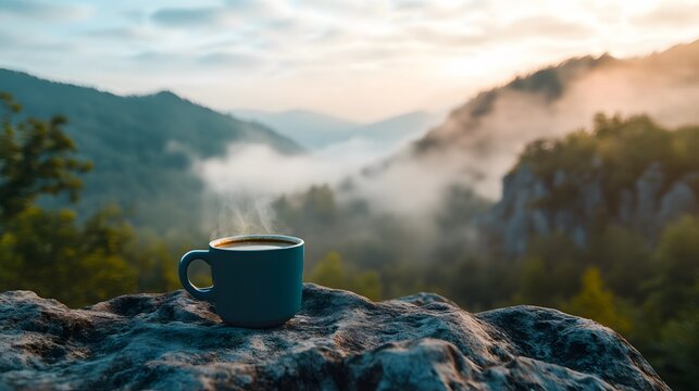 A serene morning view of foggy mountains with a cup of coffee placed on a rock, the steam rising gently in the cool air