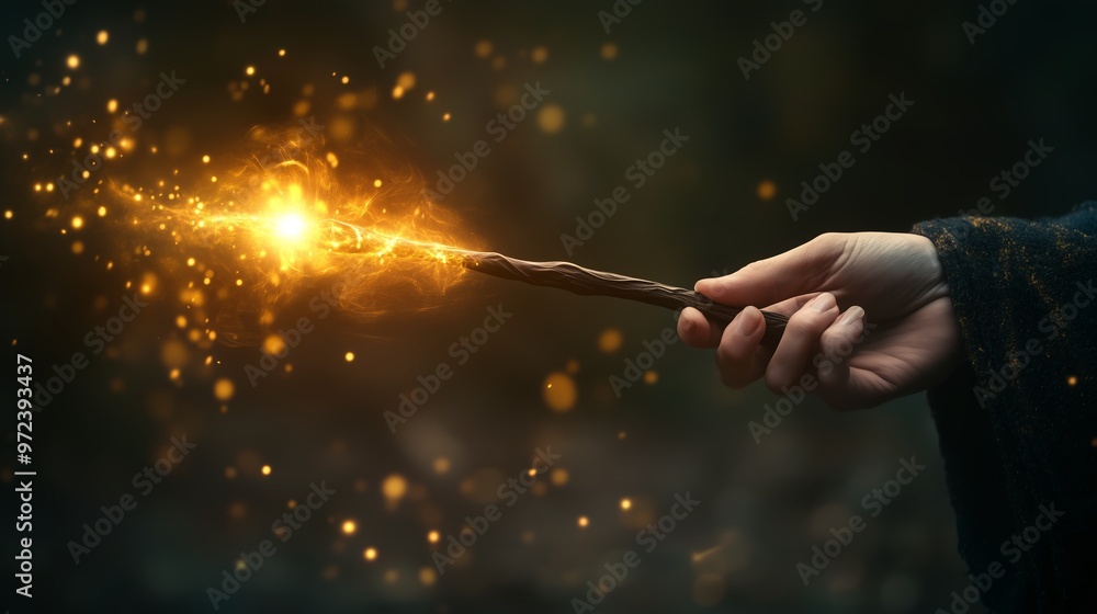 Poster a wizard casting a spell with a glowing wand surrounded by mystical particles in a dark forest setti