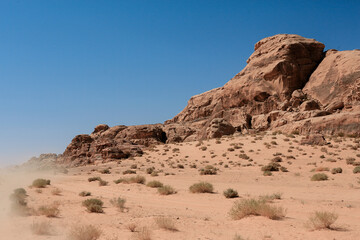 Fototapeta premium Sandy landscape of Wadi Rum Desert in Jordan with rocky formations and sparse vegetation under a clear blue sky