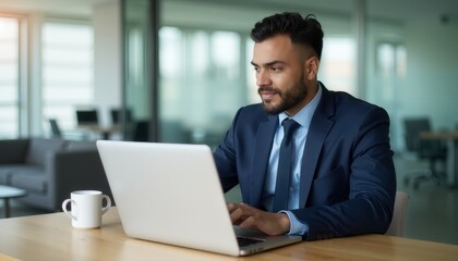 Professional Man Working on Laptop in Modern Office Setting