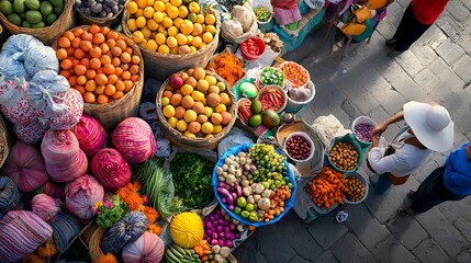 Fototapeta premium A bright, colorful market scene with stalls filled with vibrant produce, textiles, and decorations, exuding life and energy