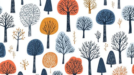 Seamless  pattern with hand drawn trees. Scandinavian woodland illustration. Perfect for textile, wallpaper or print design.