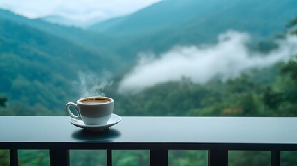 A minimalist coffee setup on a balcony with a foggy mountain view, the steam from the coffee blending into the mist