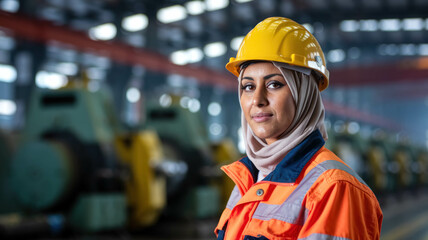 Portrait Arab Female With Hijab Factory Worker Wearing A Safety Helmet And Uniform In A Factory, Woman Worker