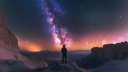 astronomy time long exposure landscape photography. A man standing in a high place looking up in wonder to the Milky Way galaxy